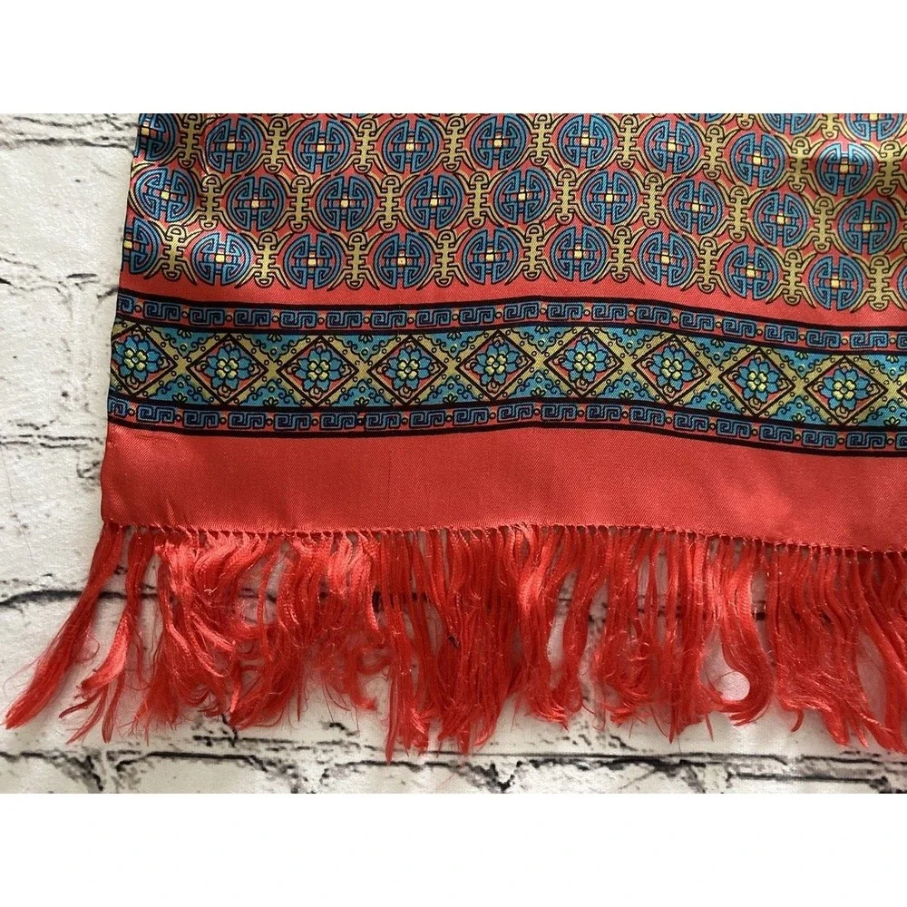 Vintage 100% Silk Rectangular‎ Scarf Japanese Fringe Red Blue Multi 12